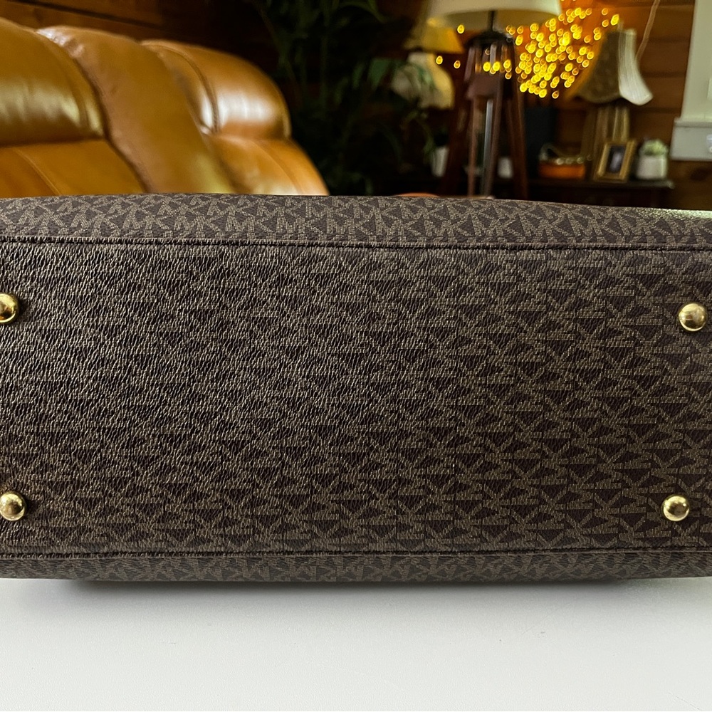 Michael Kors Dark Brown Logo Tote with Gold Chain Accents 13” x 10” X 5” - Picture 7 of 16